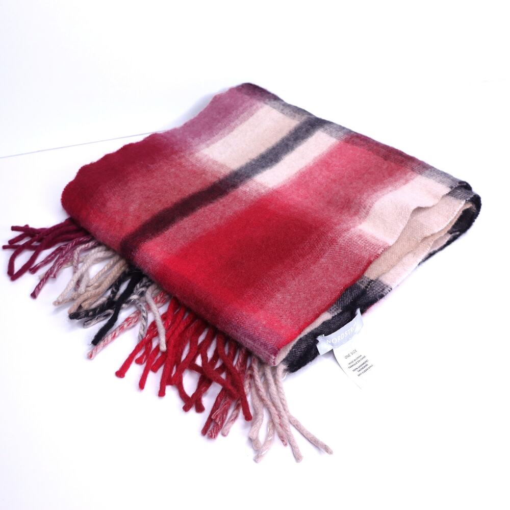 Nordstrom 100% Cashmere Tartan Plaid Scarf Fringe Red Unisex